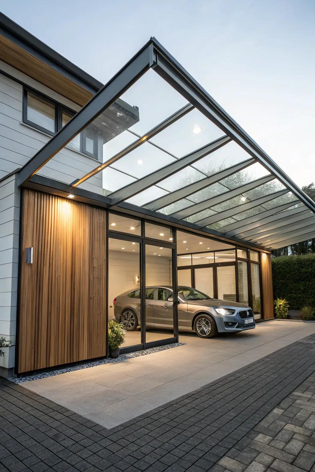 A mixed-material carport delivers a blend of textures for a standout appearance.
