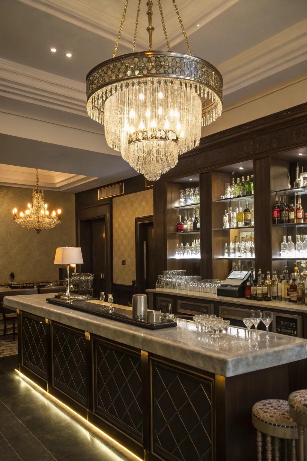 A chandelier imbues elegance and opulence to the mini bar.