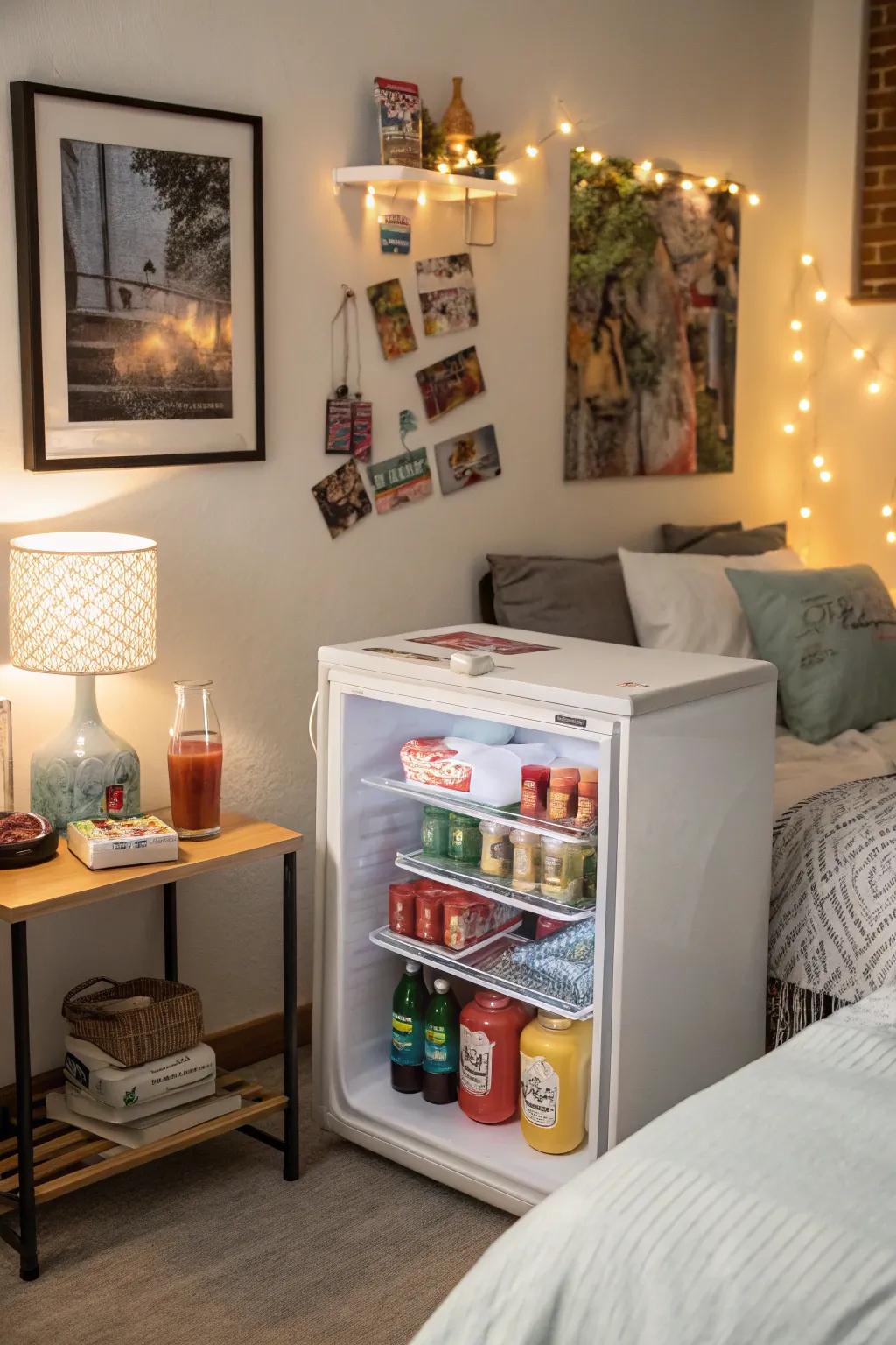 A small refrigerator filled with treats, delivering effortless access in a bedroom.