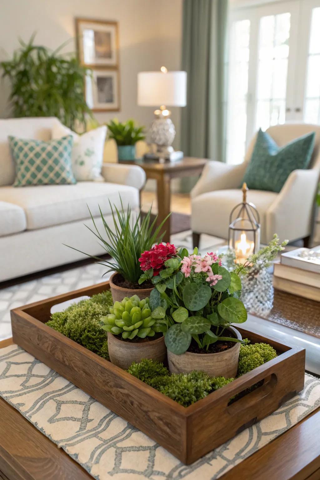 An elegant living area showcasing a mini garden assimilated within the embellishment.