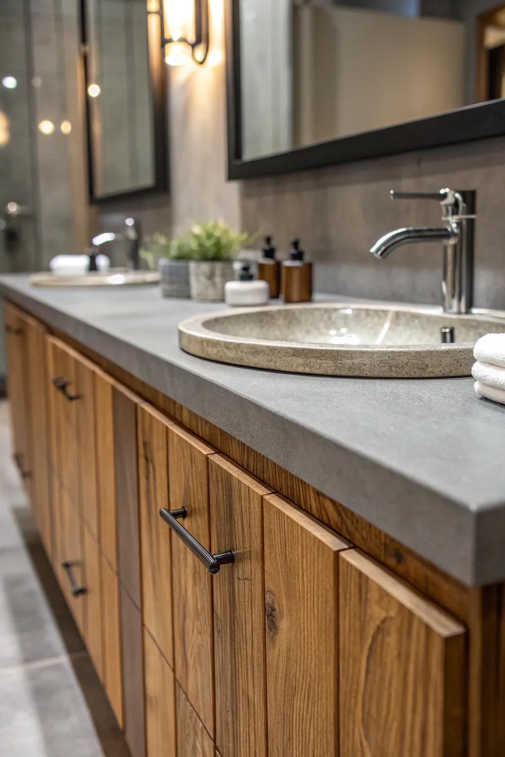 A medley of surface interests refines the minimalist bathroom setting.