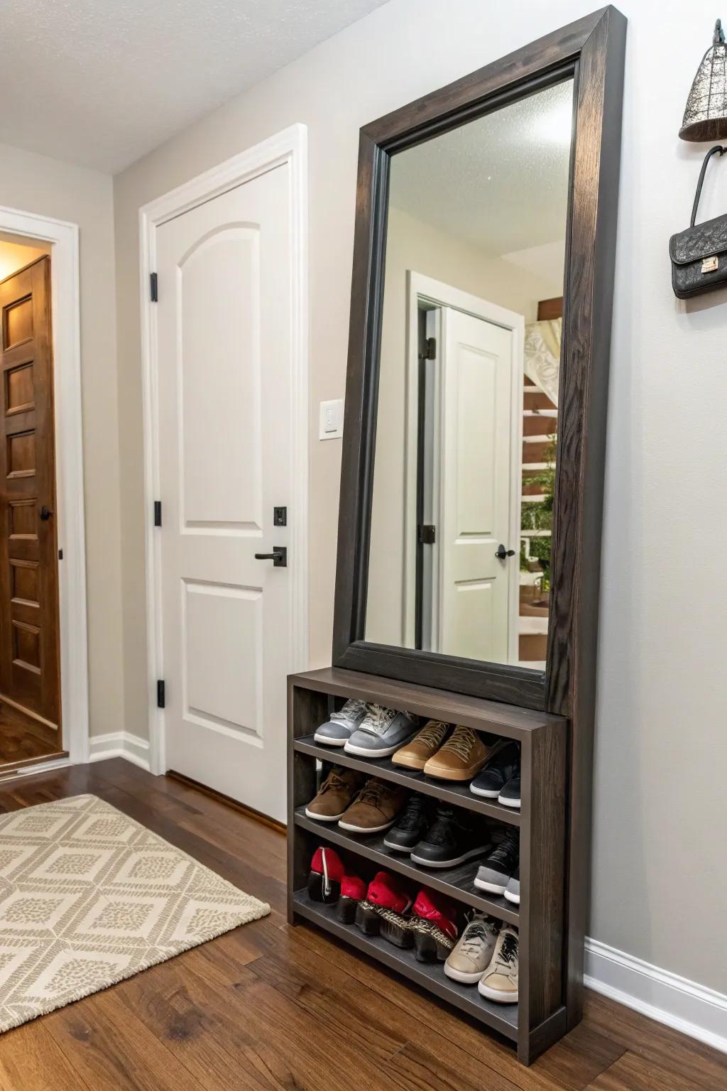 A practical entryway solution that has a full-length mirror and footwear holder.
