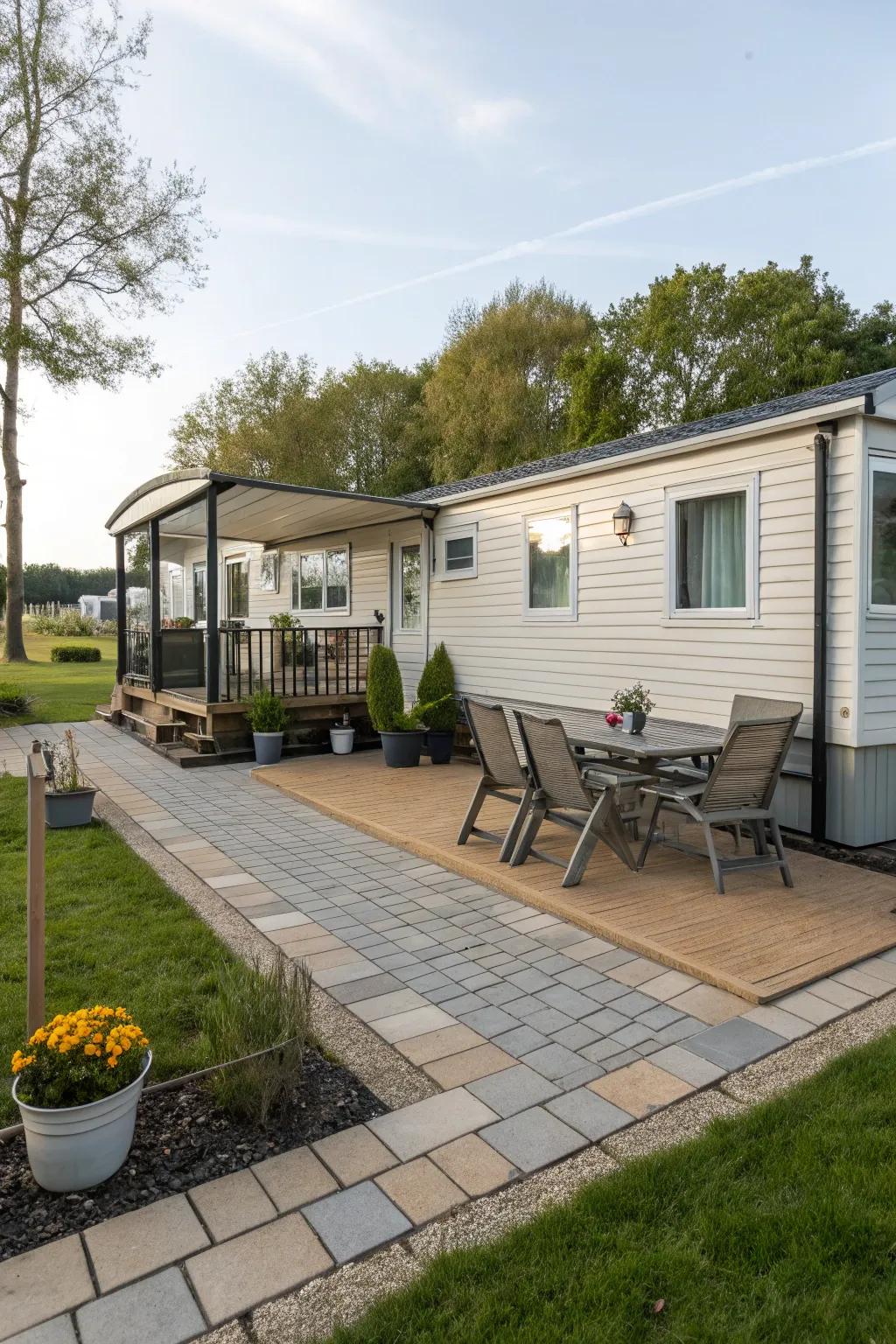 An inviting stone-paver area with outdoor furnishings beside a mobile home.