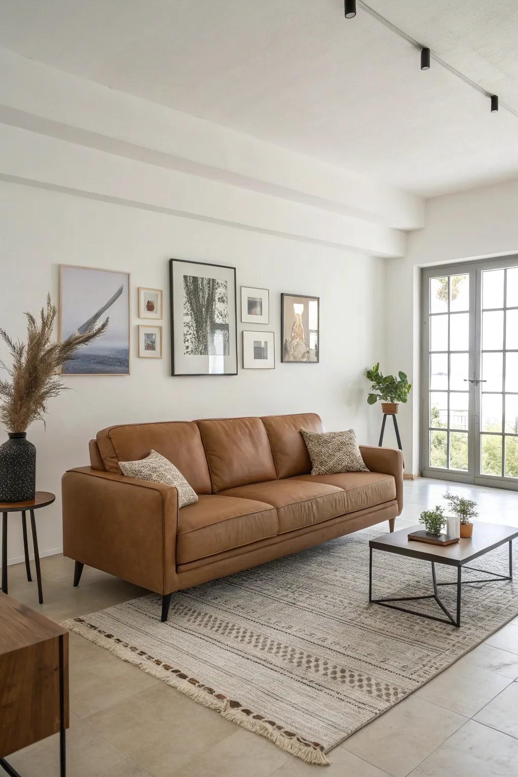 Minimalist décor complements the chocolate-brown sofa for a contemporary impression.