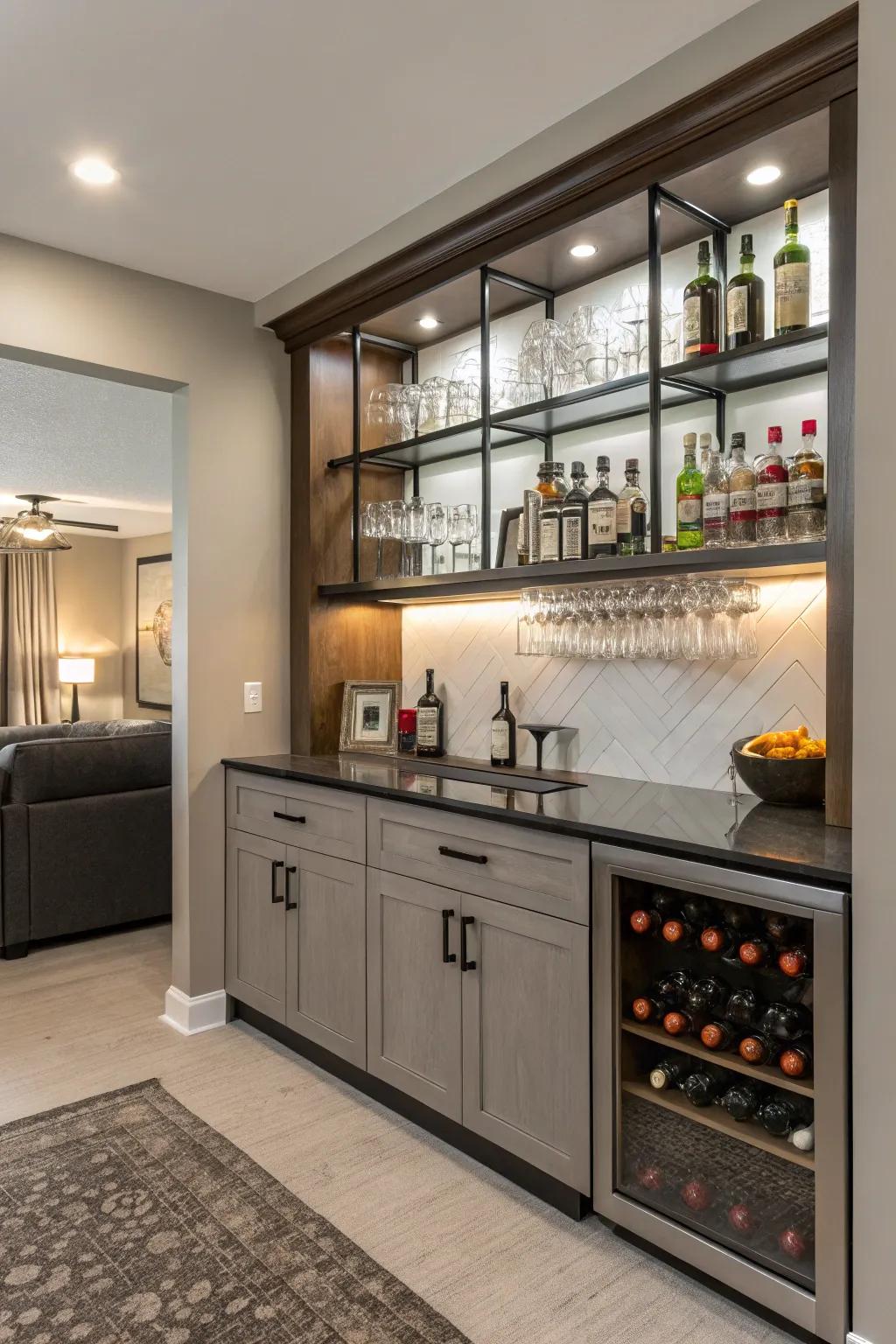 Innovative storage solutions keep this bar organized and chic.