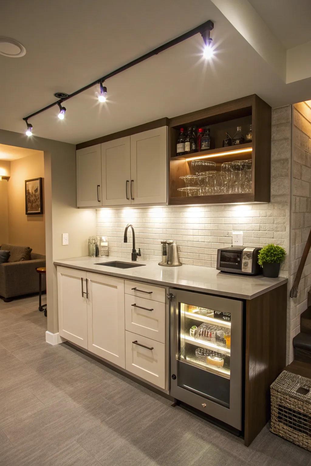 The kitchenette's under-cabinet lighting improves both aesthetics and utility.
