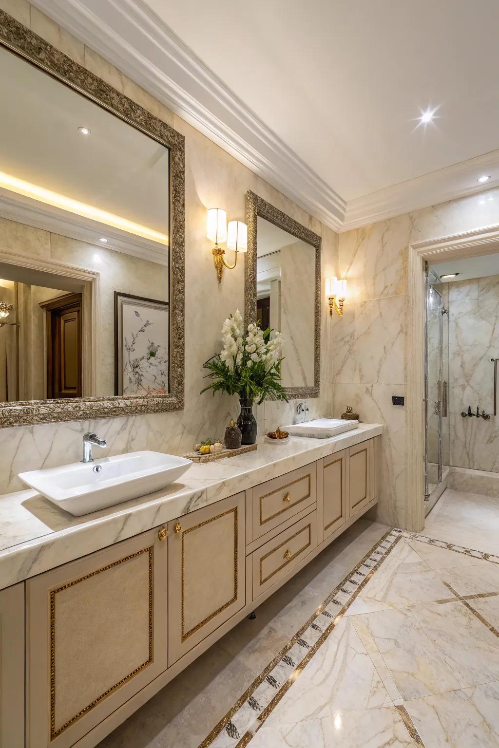 Marble details add luxury to a contemporary beige bathroom.