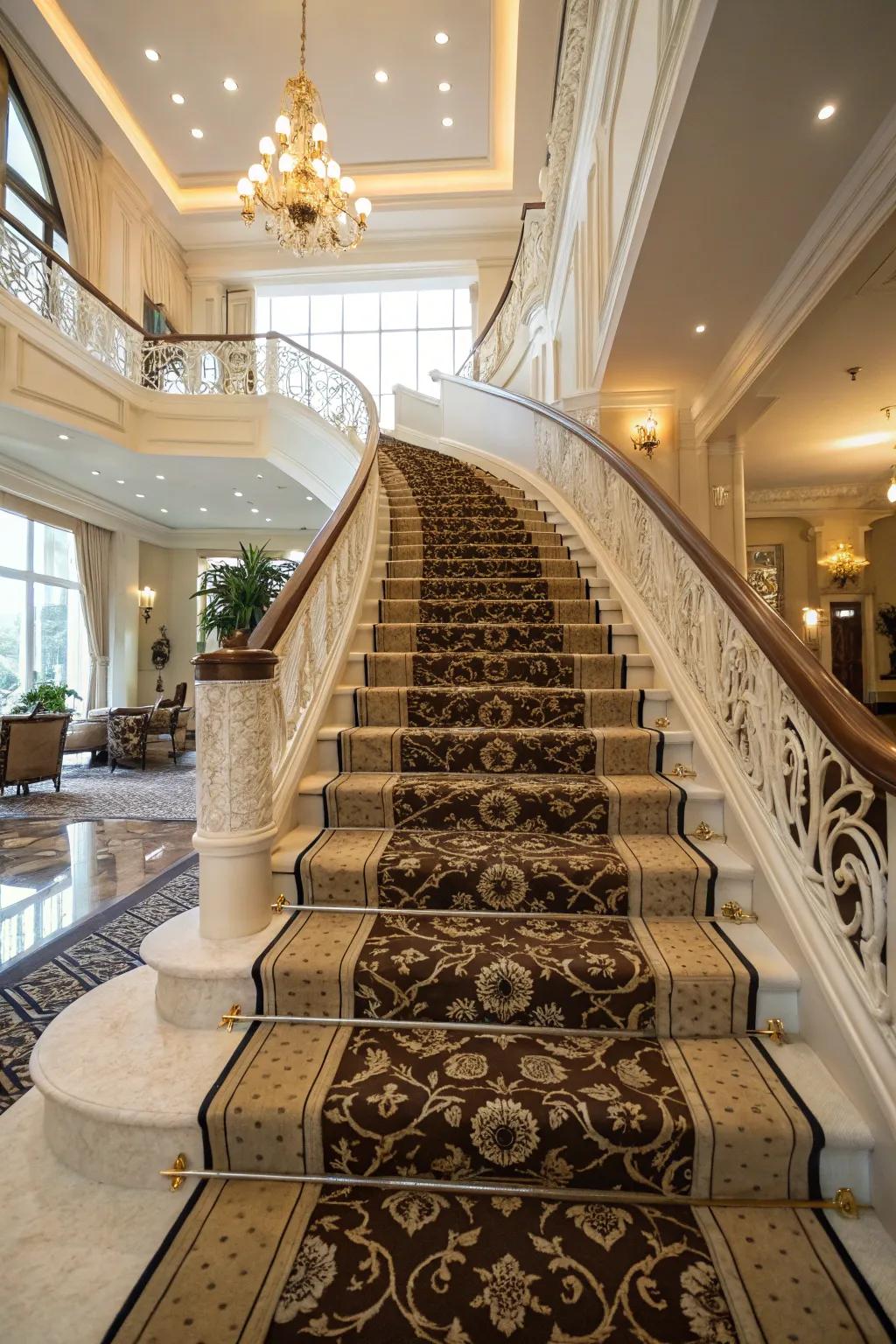 Refined staircase featuring a stylish patterned carpet runner