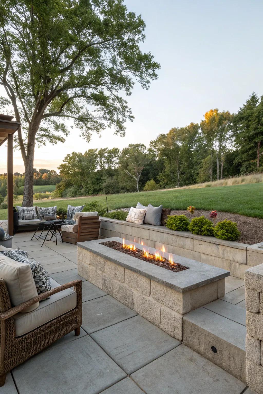 A concrete wall harmonized with a fire pit for a cozy outdoor ambiance.