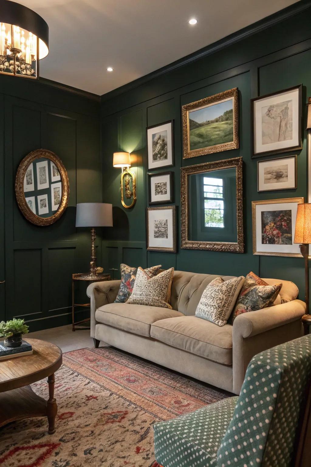 Art and reflective surfaces add dimension and personality to a deep green living room.