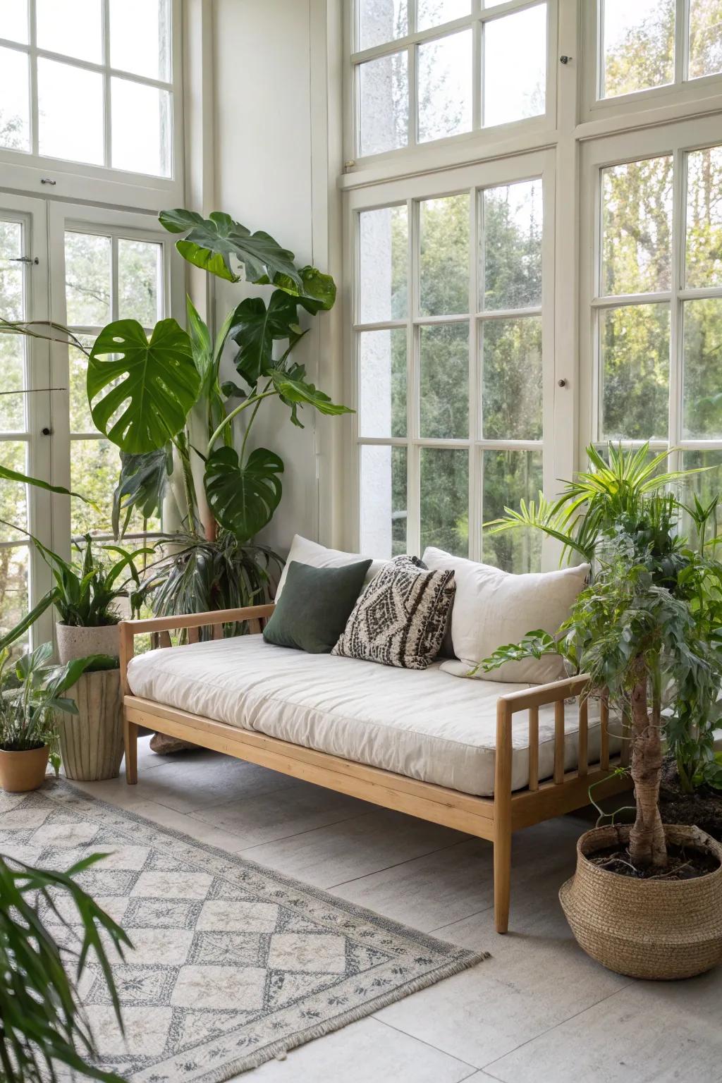 Indoor plants near a daybed introduce natural pieces and liveliness.