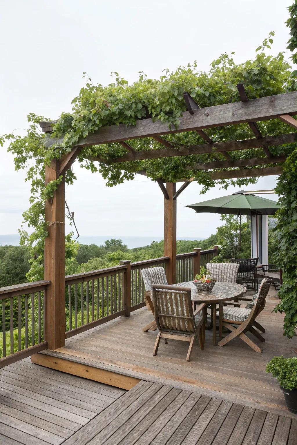 A deck incorporating a cover, delivering shade and structural intrigue.