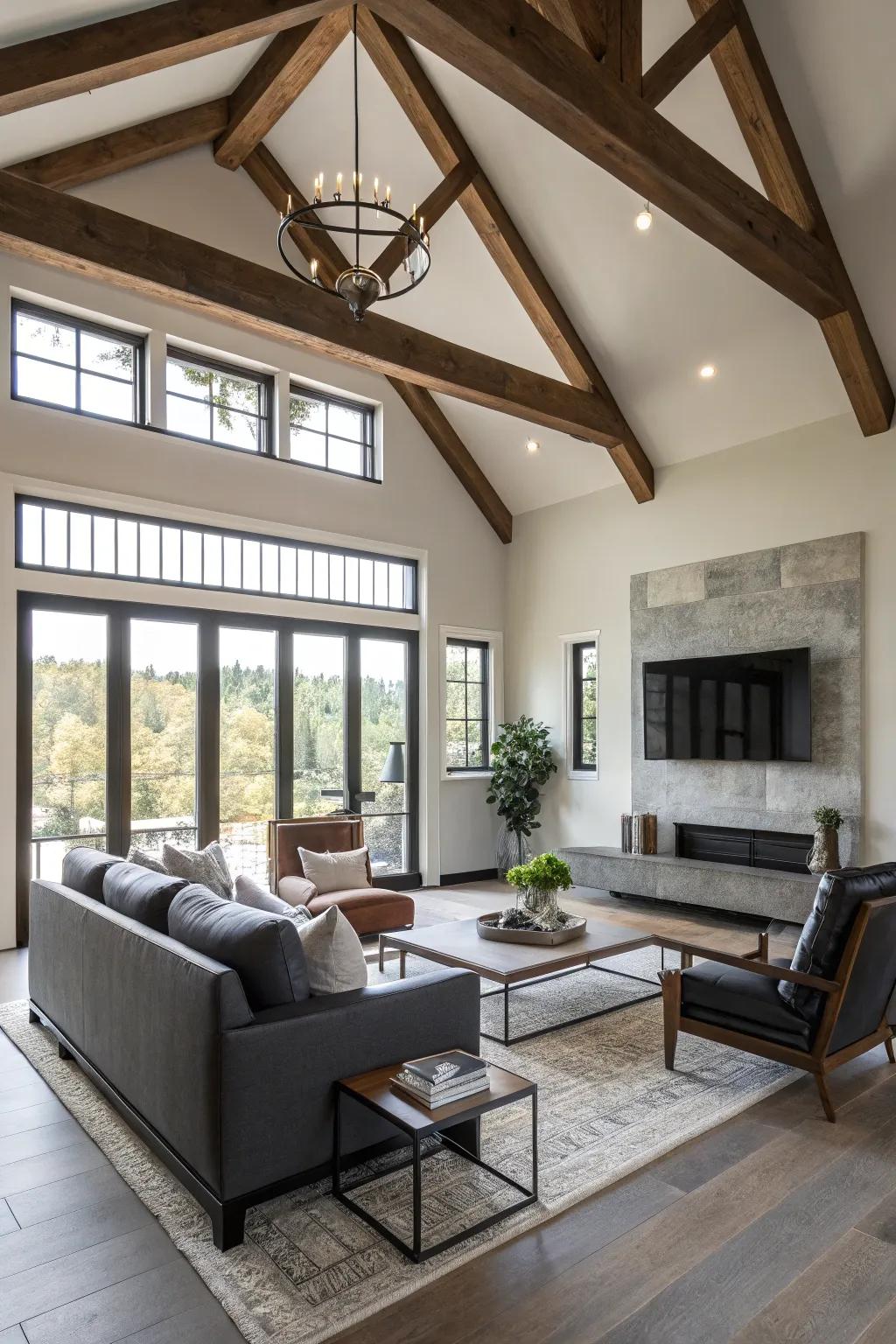 Feature beams introduce rustic charm to contemporary rooms.
