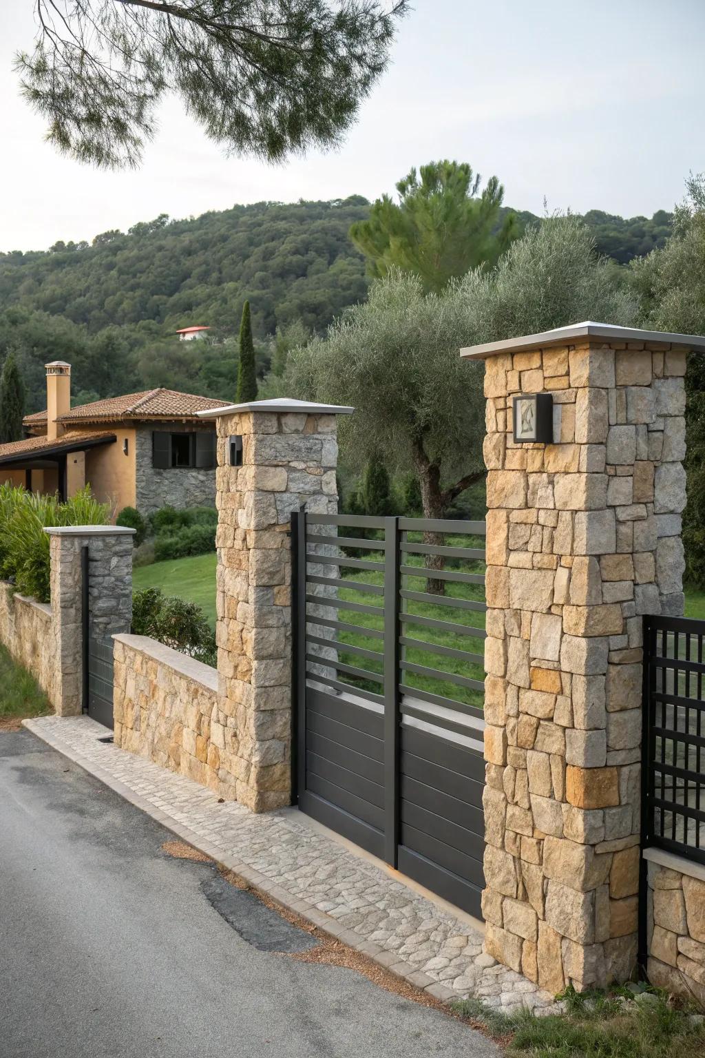 Combine rustic stone with modern design for a distinctive entrance.