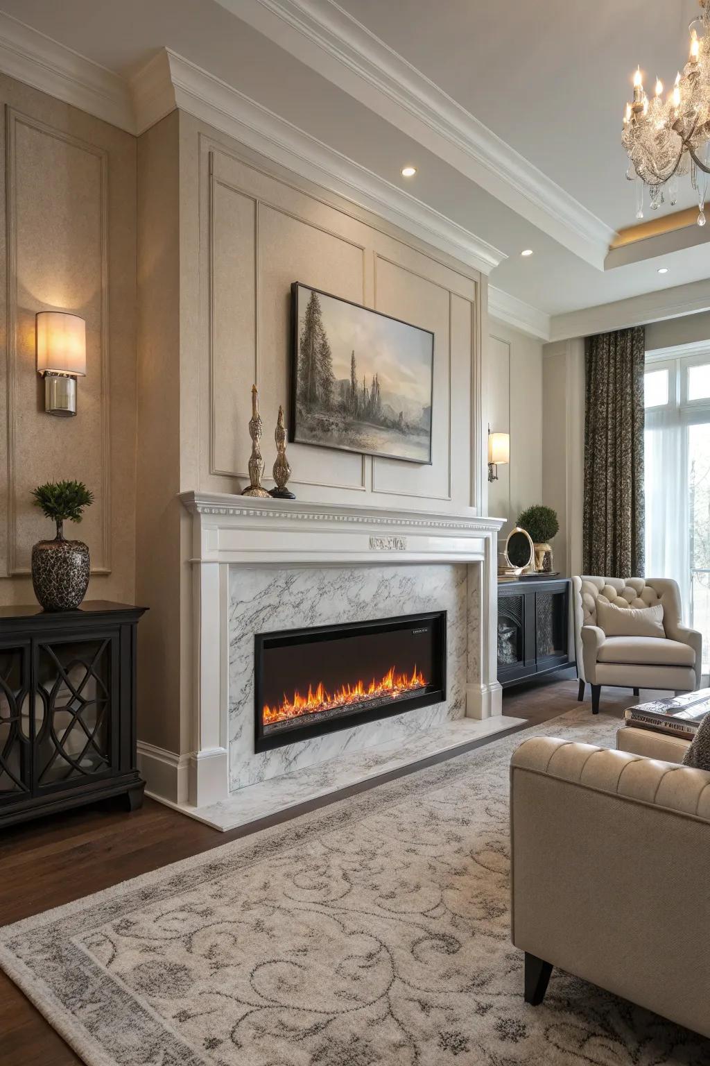 A built-in electric fireplace blending harmoniously into an elegant living room.