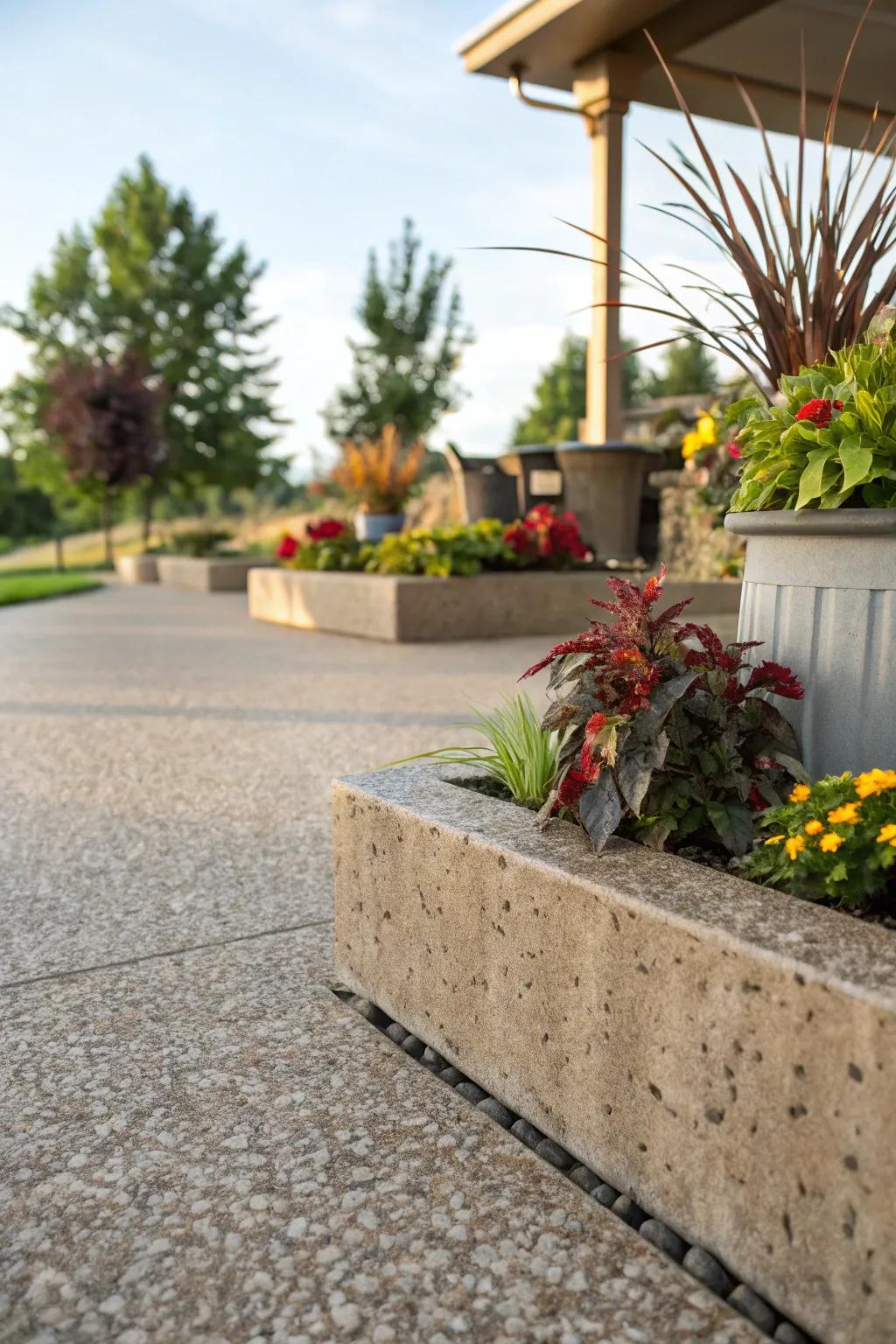 Built-in planters bring life to a pebble patio.