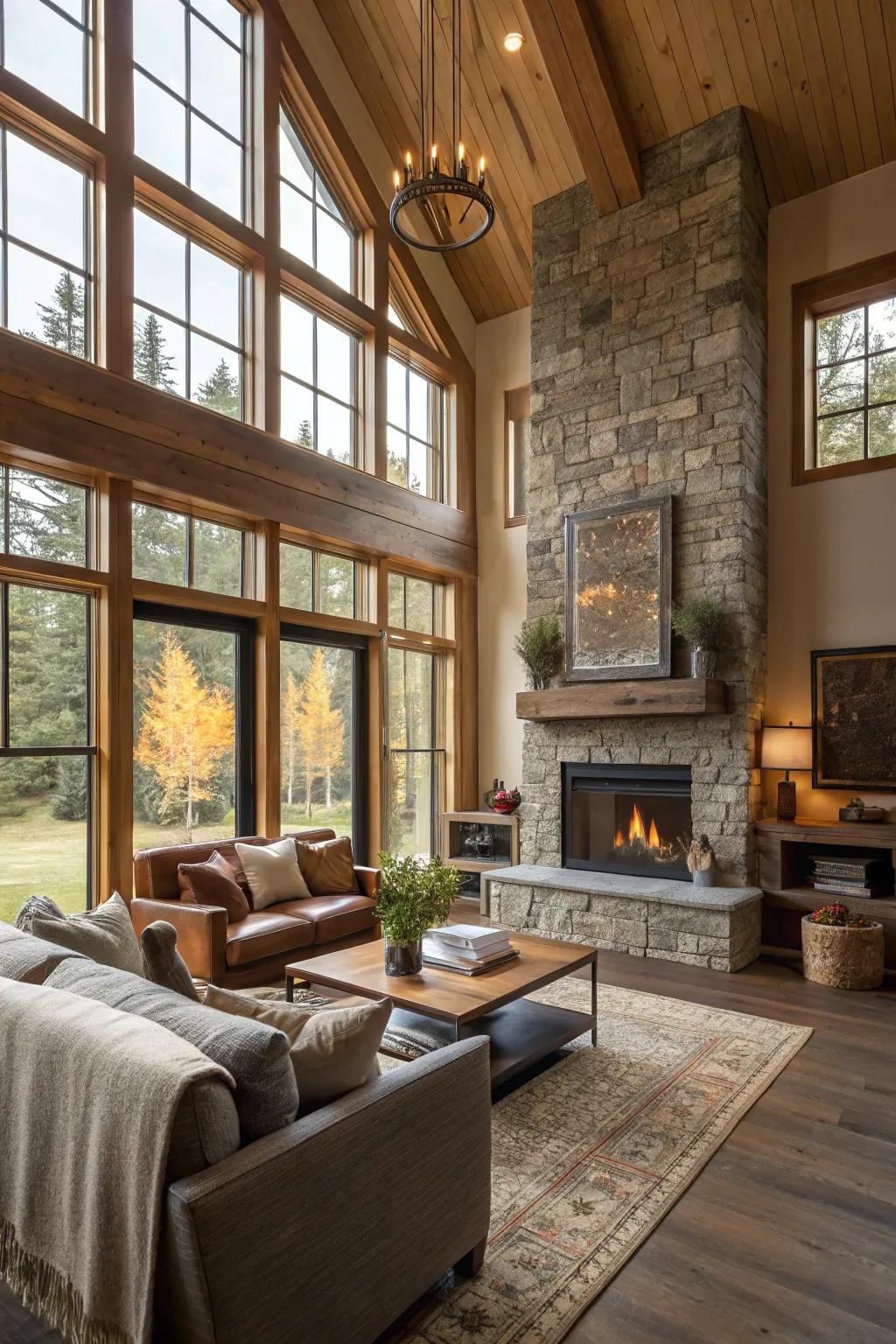 Sunlight streams in, enhancing the fireplace's charm.