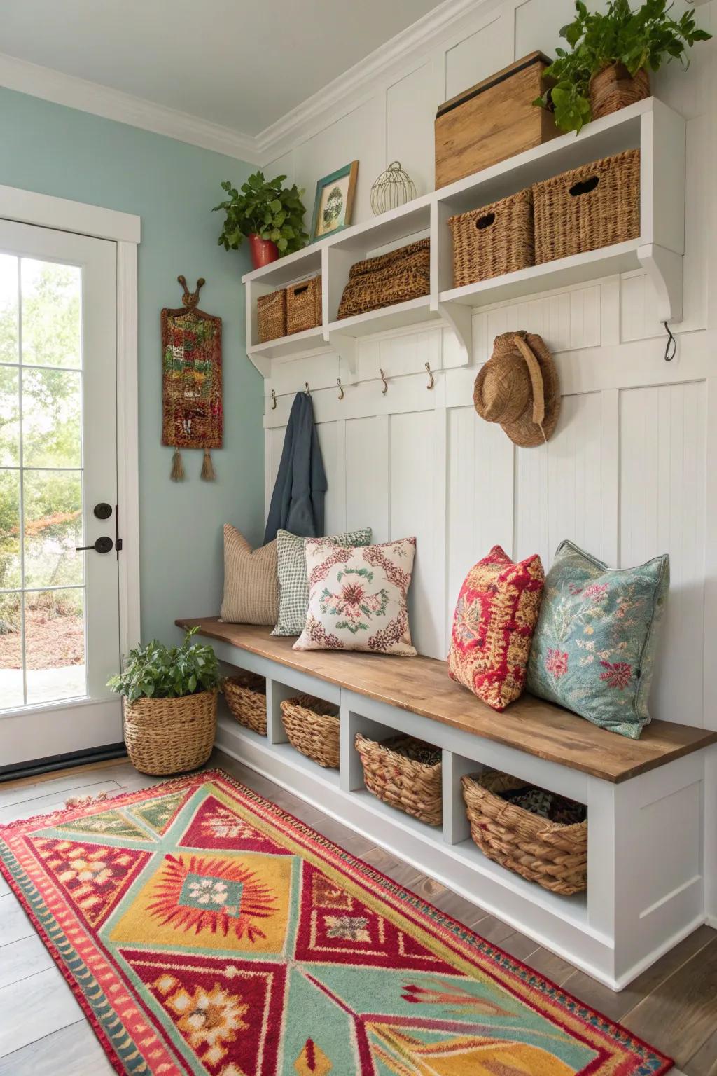 Cozy mudroom featuring ornament pillows and stylish rugs.