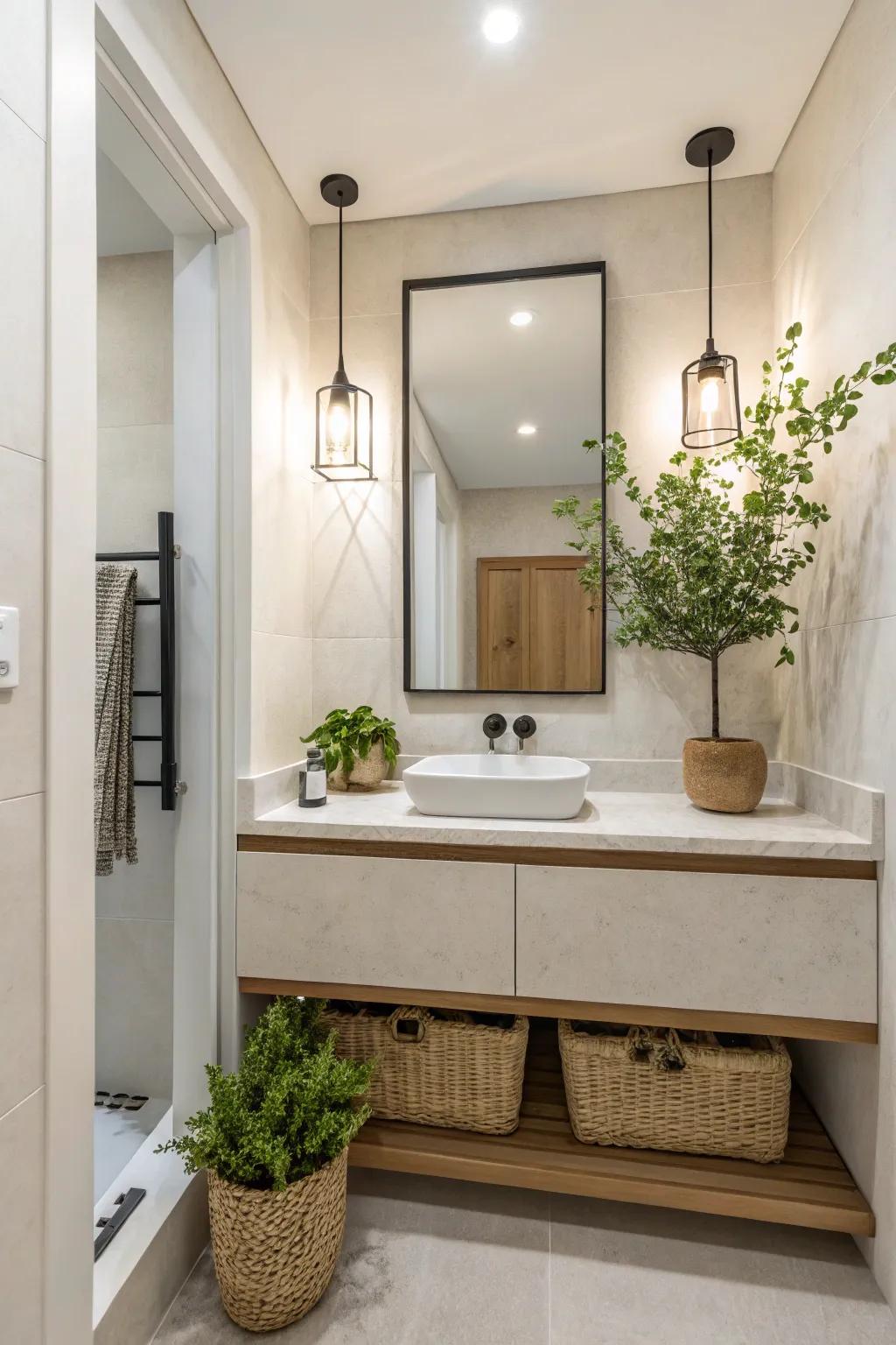 Minimalist decor featuring modest plant features within a washroom.