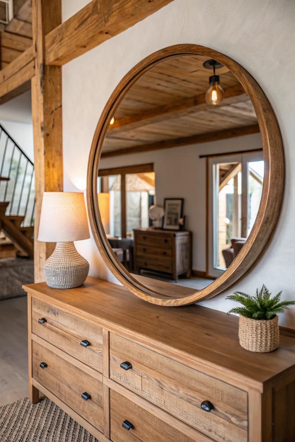 Circular wood-framed reflector in a light-filled farmhouse space.