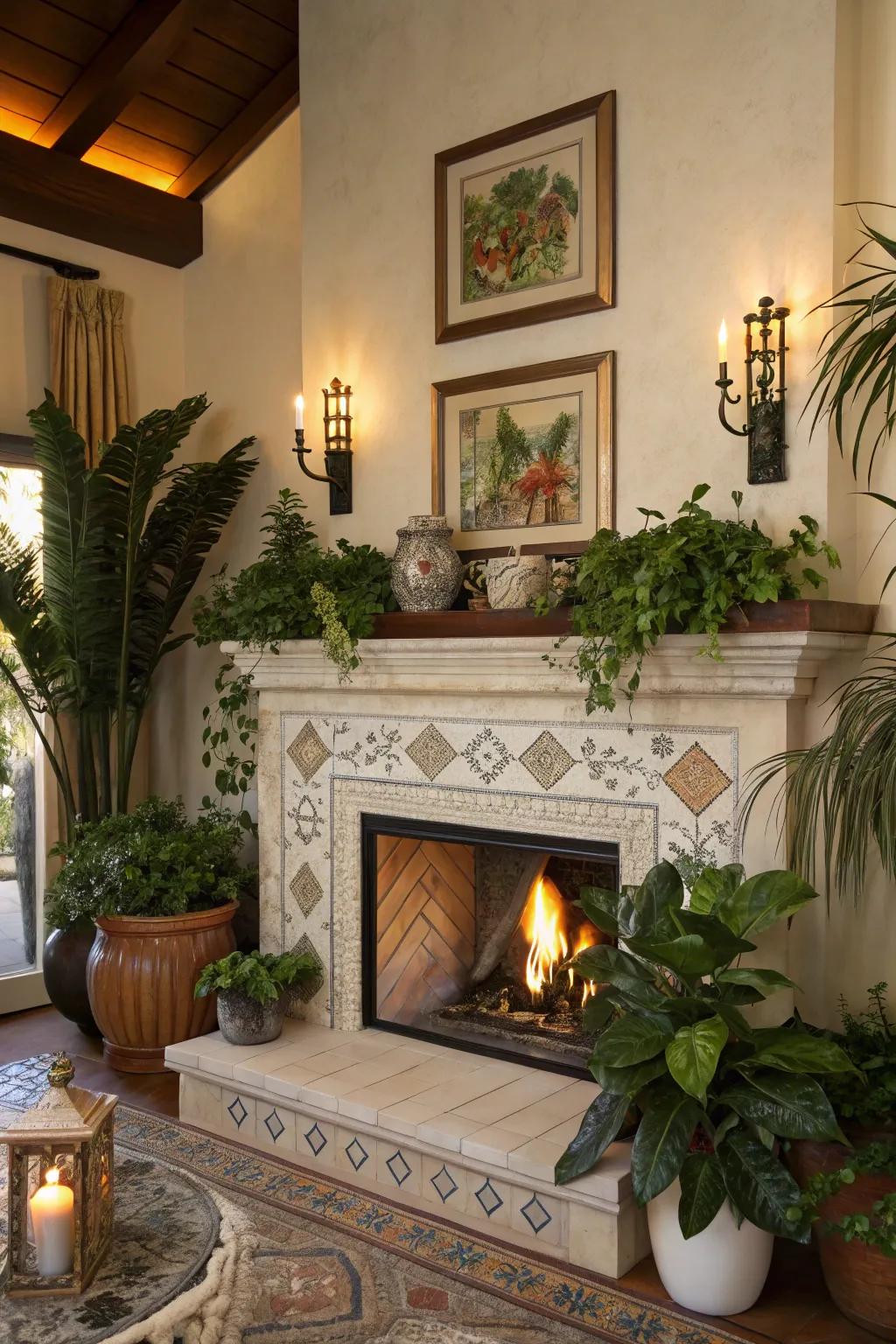 A fireplace enhanced with ornamental accents.