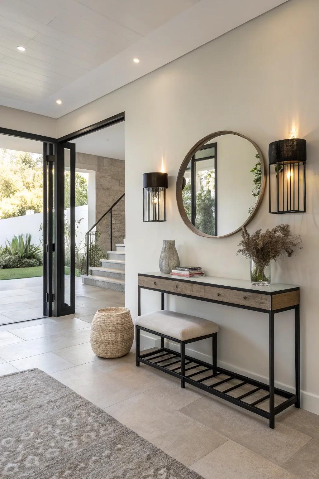 Simple furniture maintains a sleek and uncluttered entrance hall design.