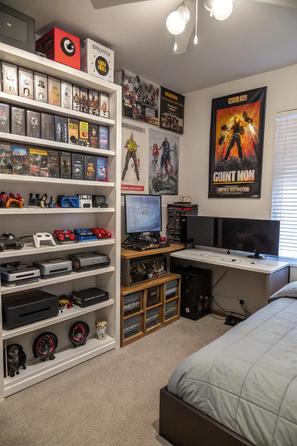 Bespoke ledges in a gaming chamber displaying personal collectibles.