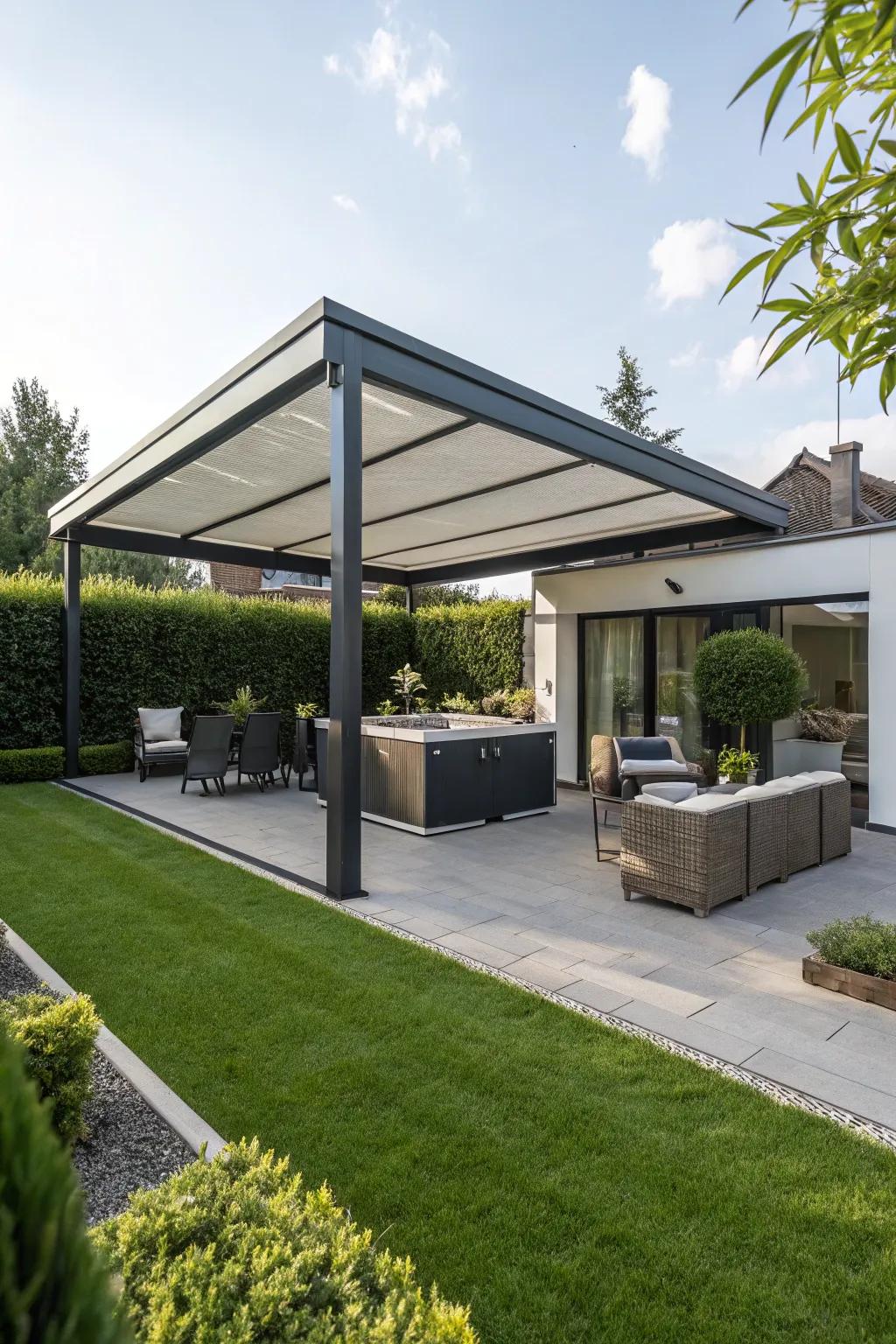 A convertible gazebo with a retractable roof for adaptable outdoor enjoyment.