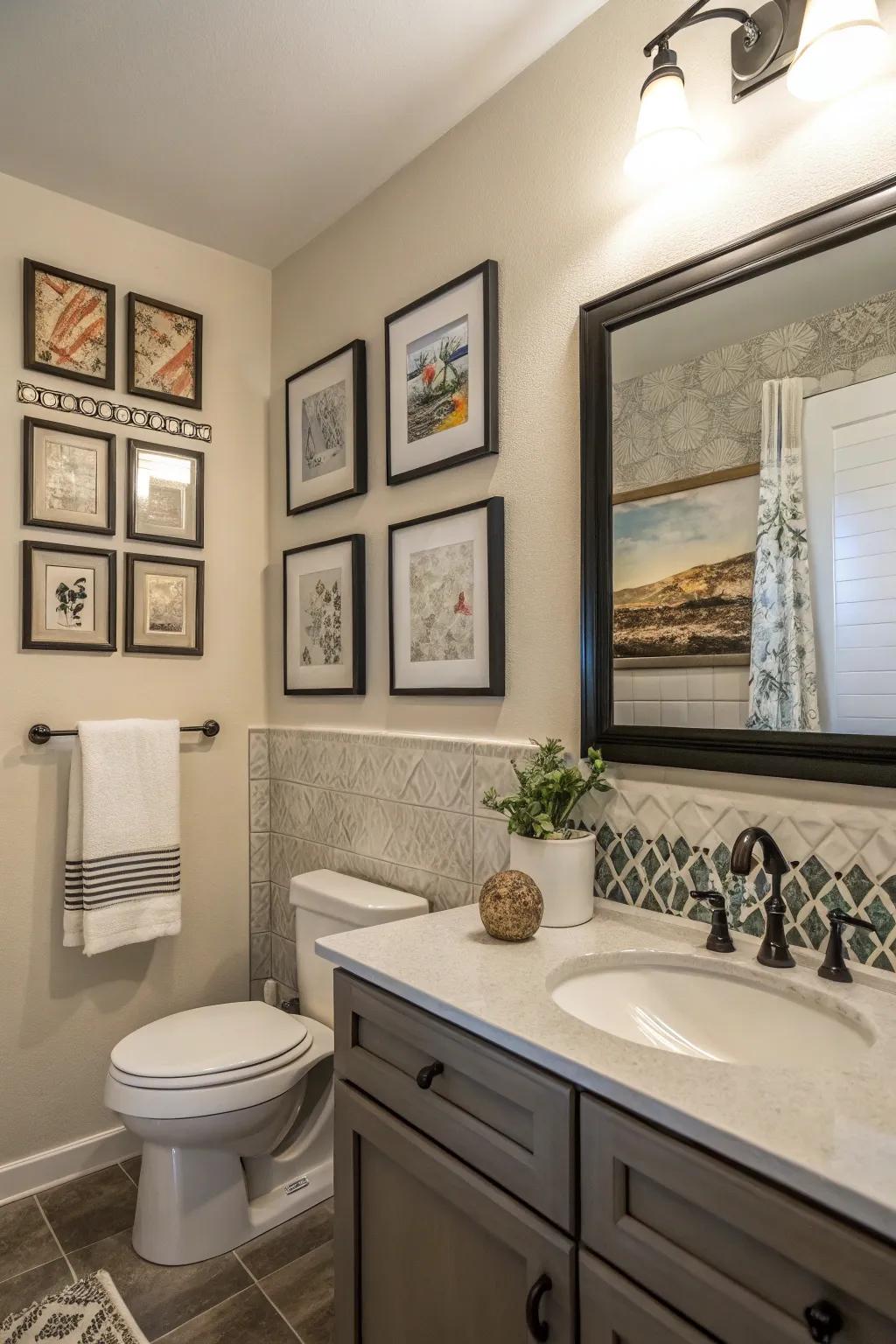 A bathroom exhibiting encased artwork and ornamented prints for a sophisticated accent.