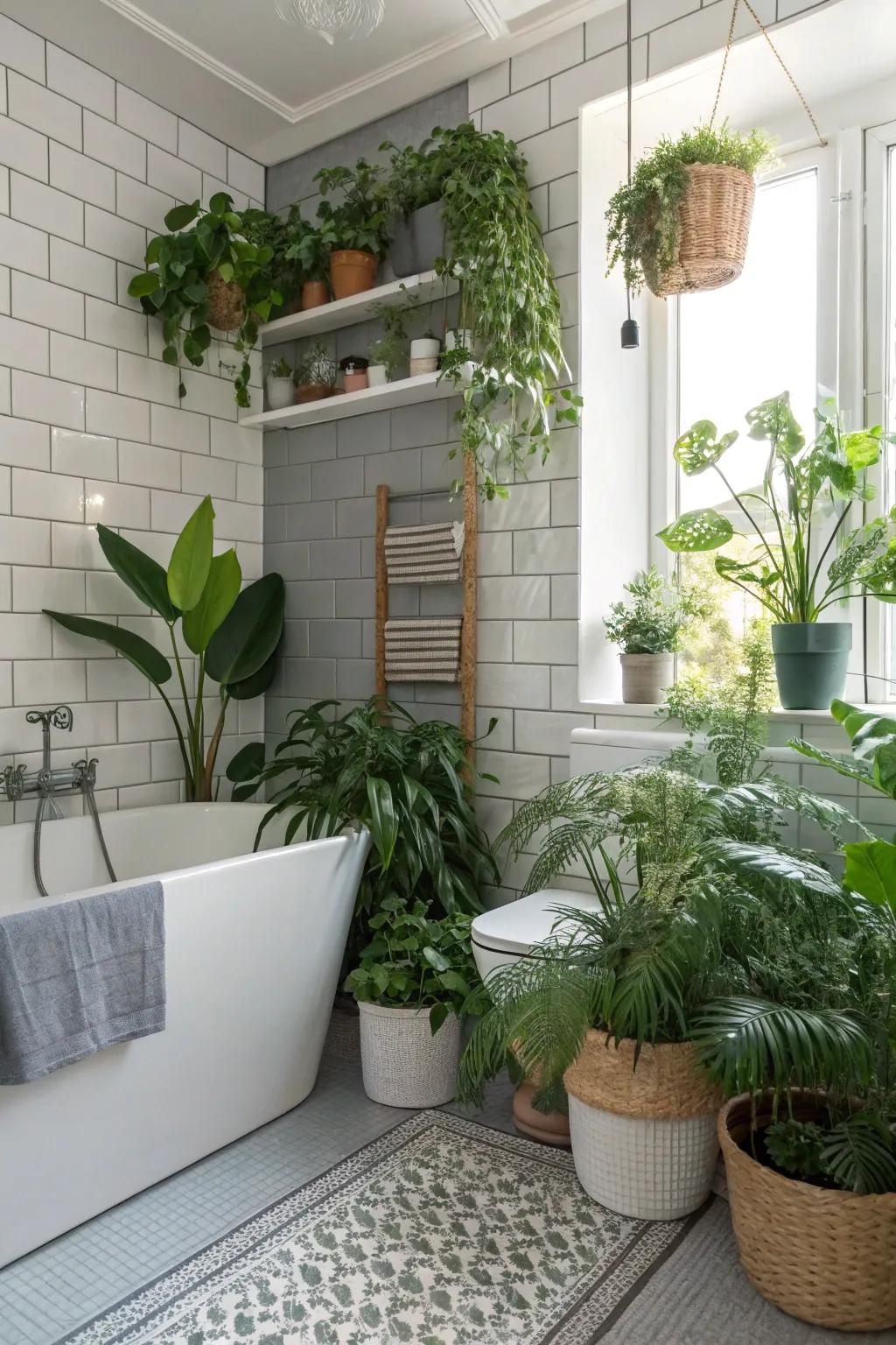 Vegetation enhances the bathroom&rsquo;s vibrancy and natural beauty.