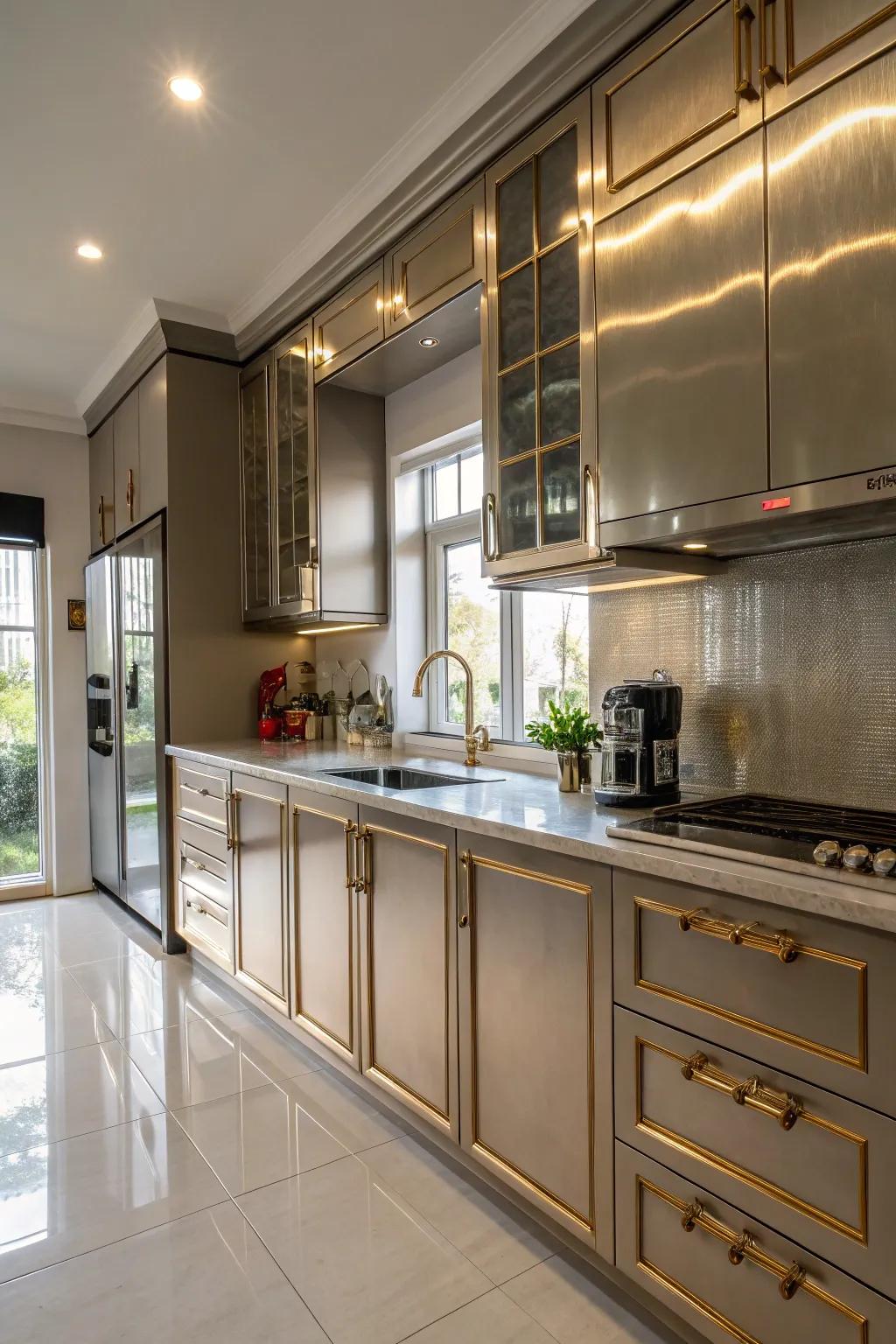 Metal details add a luxurious touch to modern cabinets.