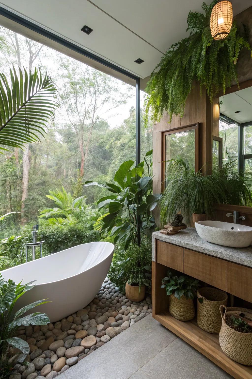 Verdure adds a revitalizing touch to this spacious bathroom.