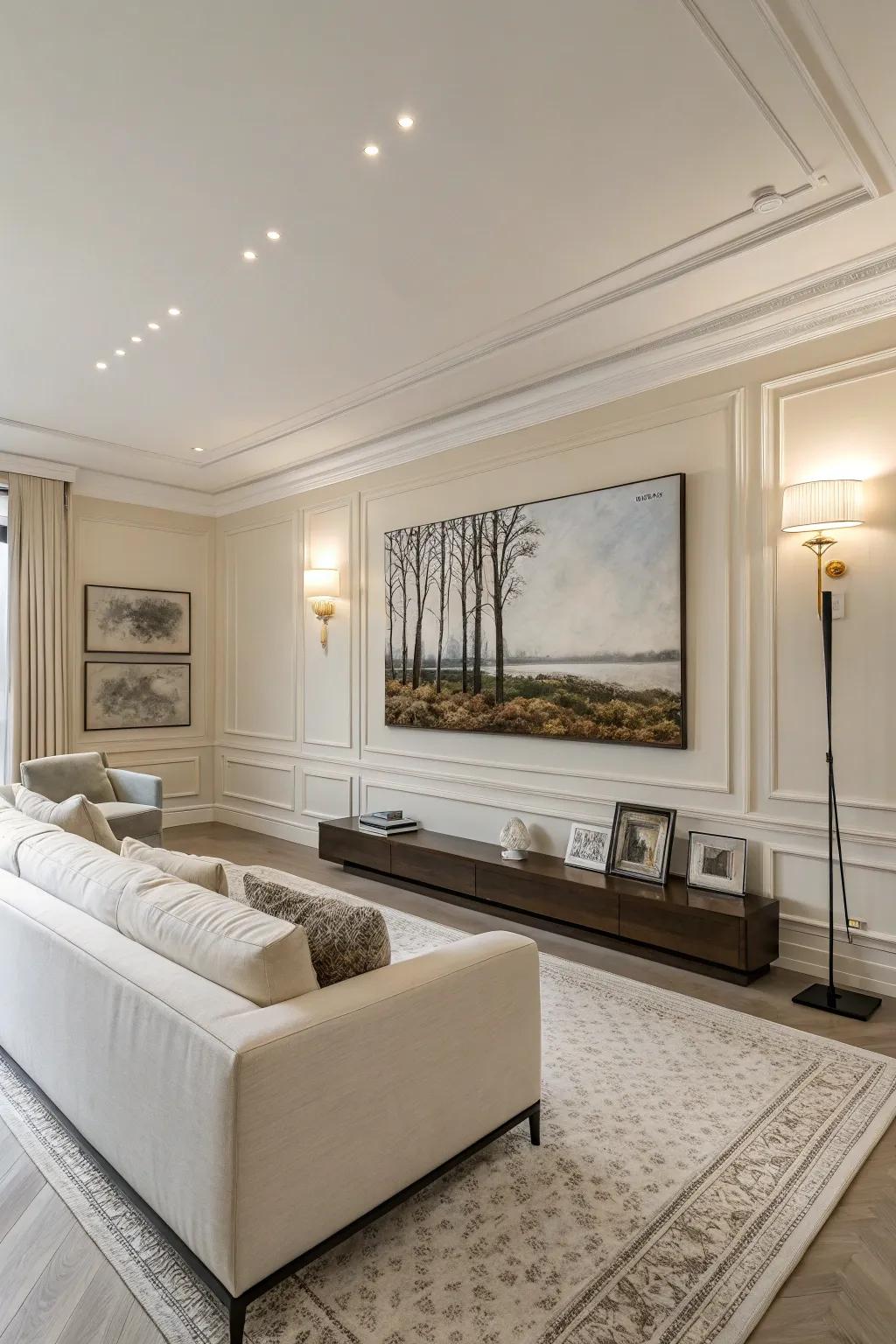 A minimalist approach with a single piece of art creates a serene family room atmosphere.