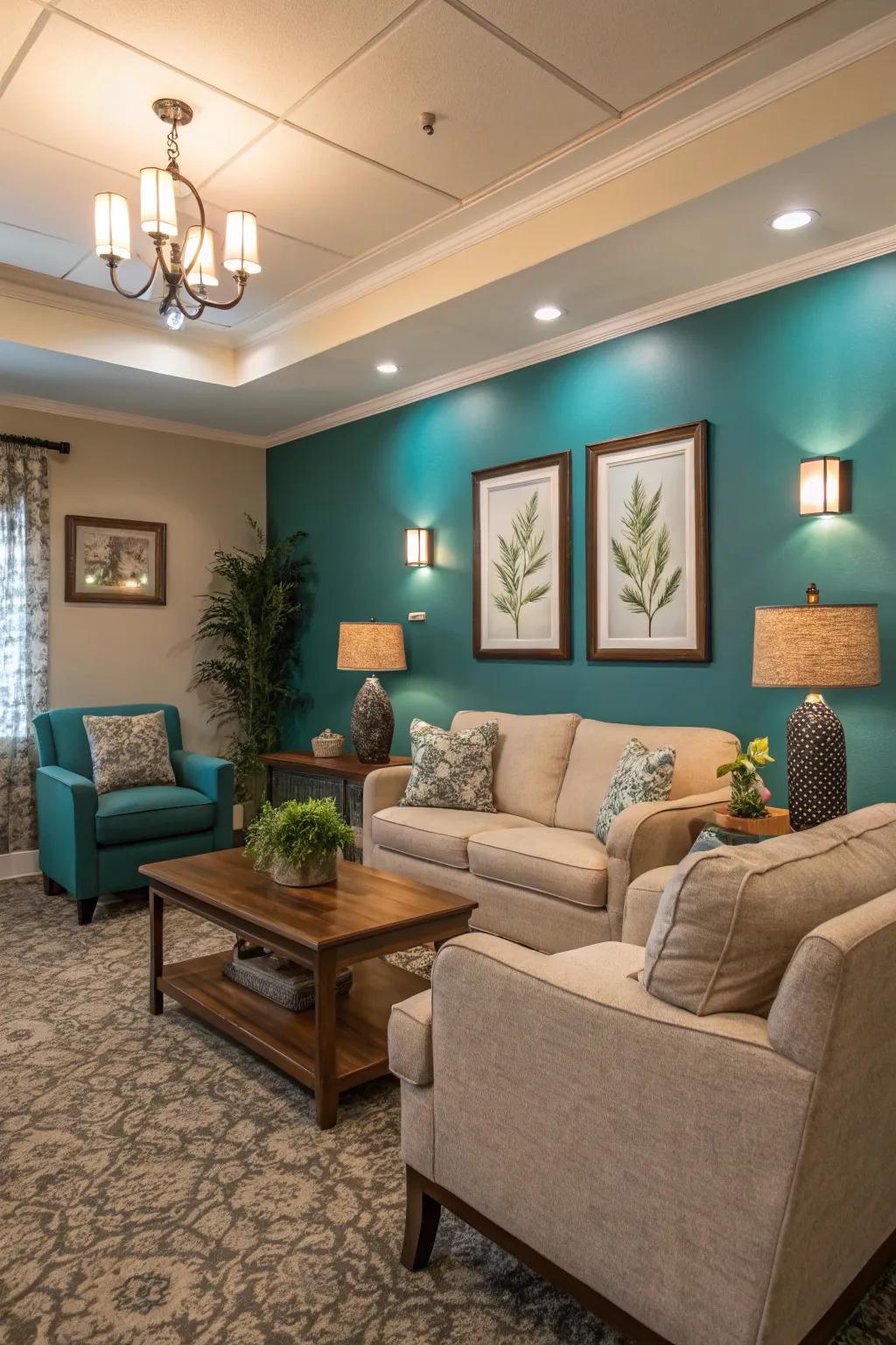 Deep Blue-Green walls transform this living area into a peaceful sanctuary.