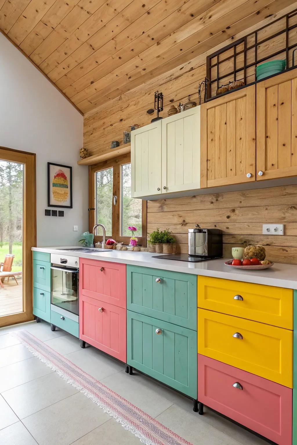 Colorful accents amplify personality in rustic kitchens.