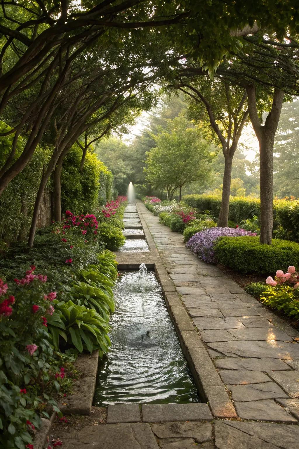 A garden path accompanied by a soothing hydration element for added tranquility.