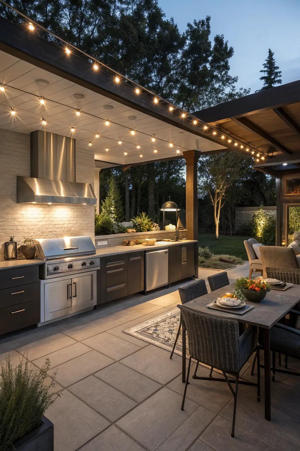 Soft illumination improving the ambiance of an evening open-air cooking area.