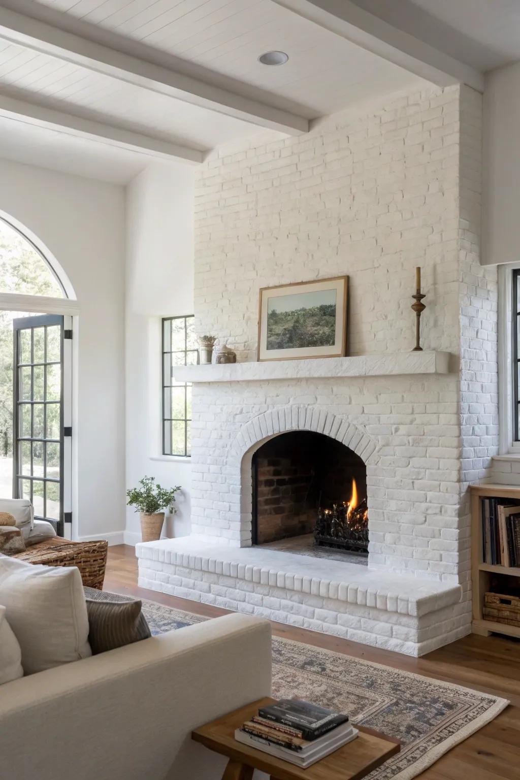 White-painted brick fireplace embodies understated chic.