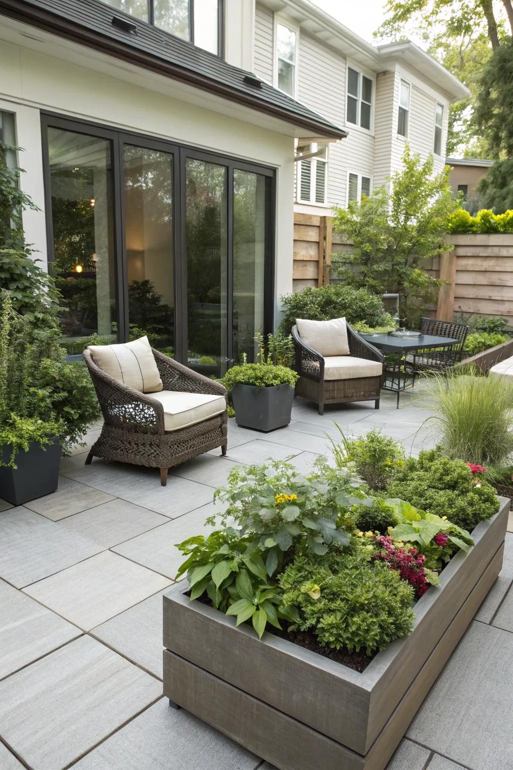Integrated vegetation breathes vibrancy into modern patios.