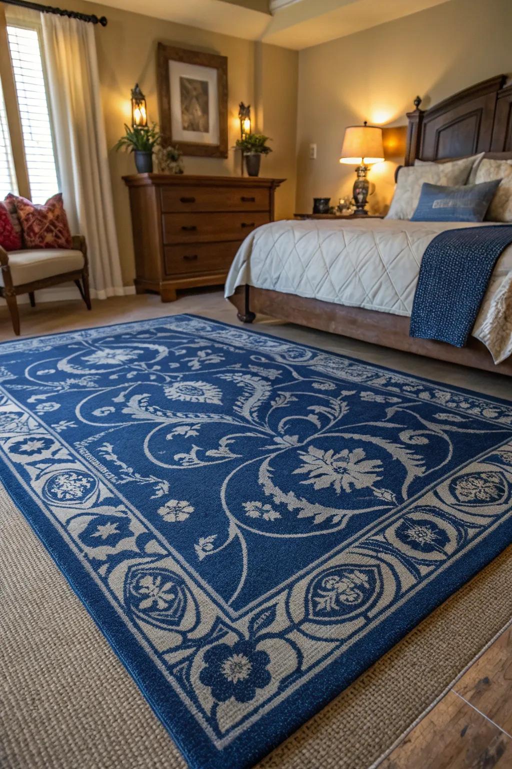 A designed floor covering introduces texture and unifies the sapphire blue design.