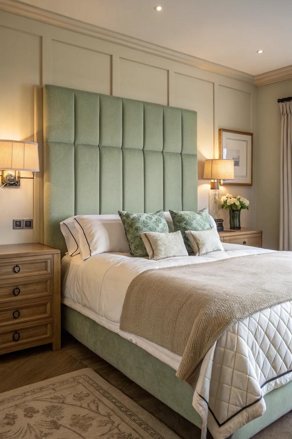 A sage green headboard brings a dash of sophistication and color.
