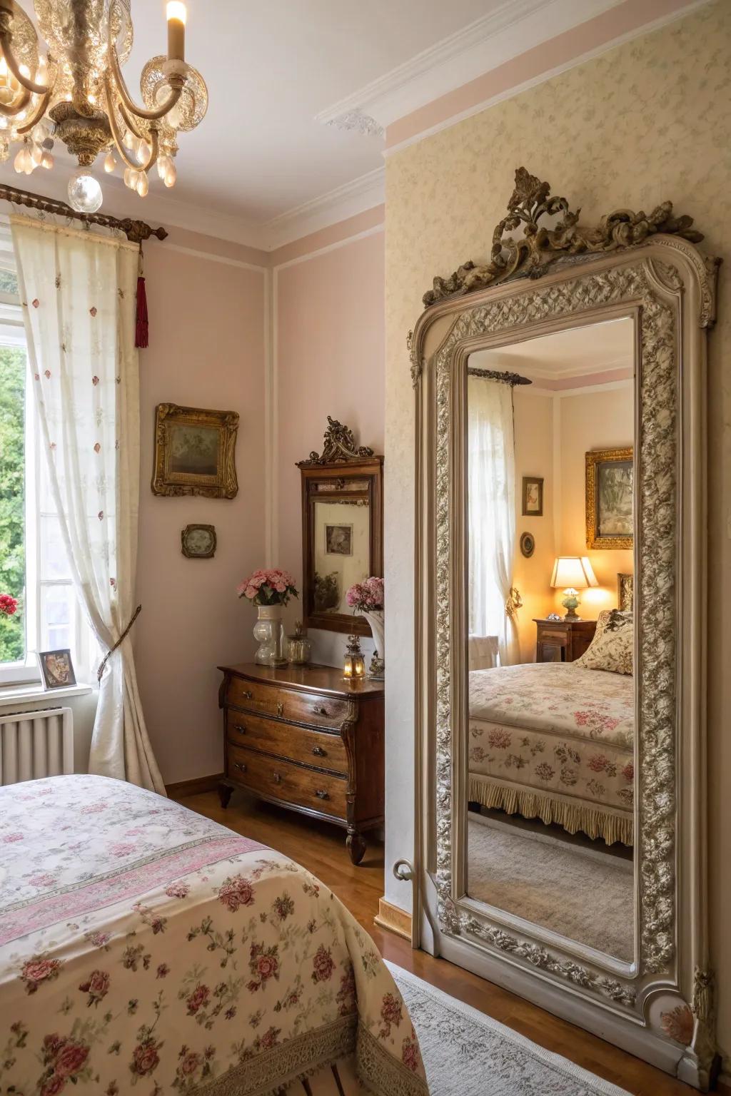 Decorative mirrors add elegance and light to a modern-vintage bedroom.