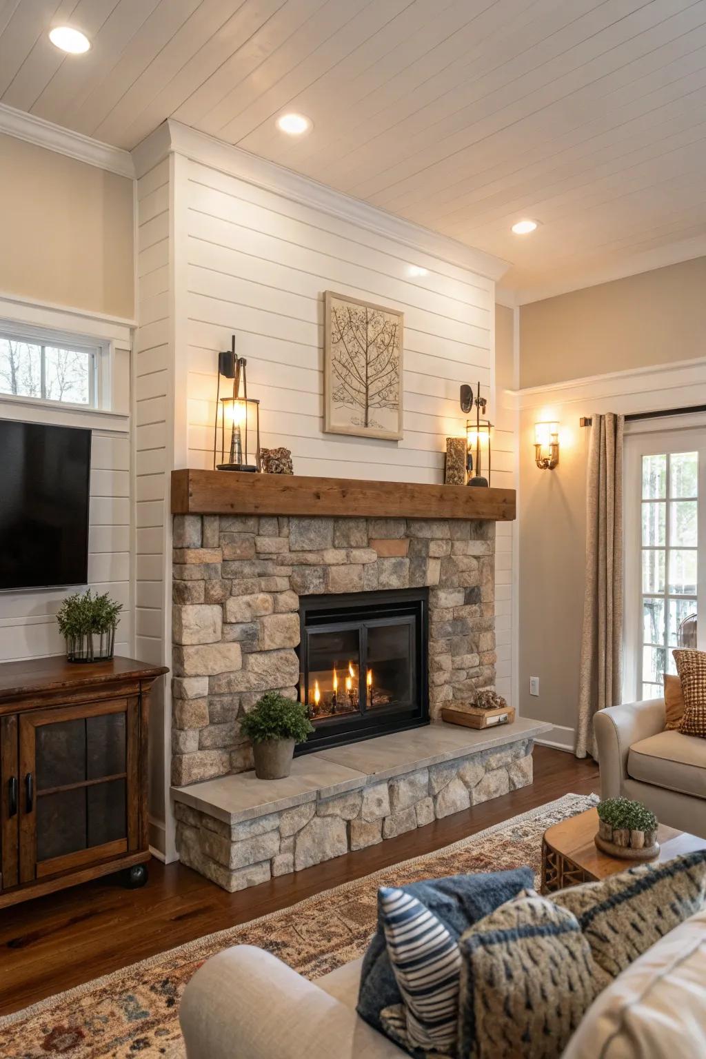 A shiplap fireplace enhanced with stone details.