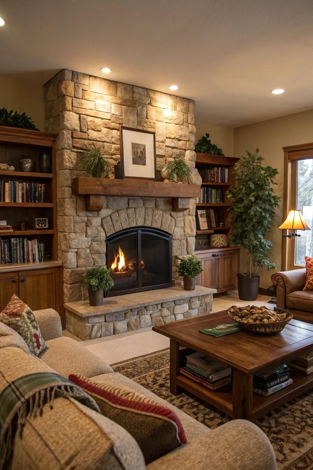 A fireplace serves as a cozy and welcoming centerpiece.
