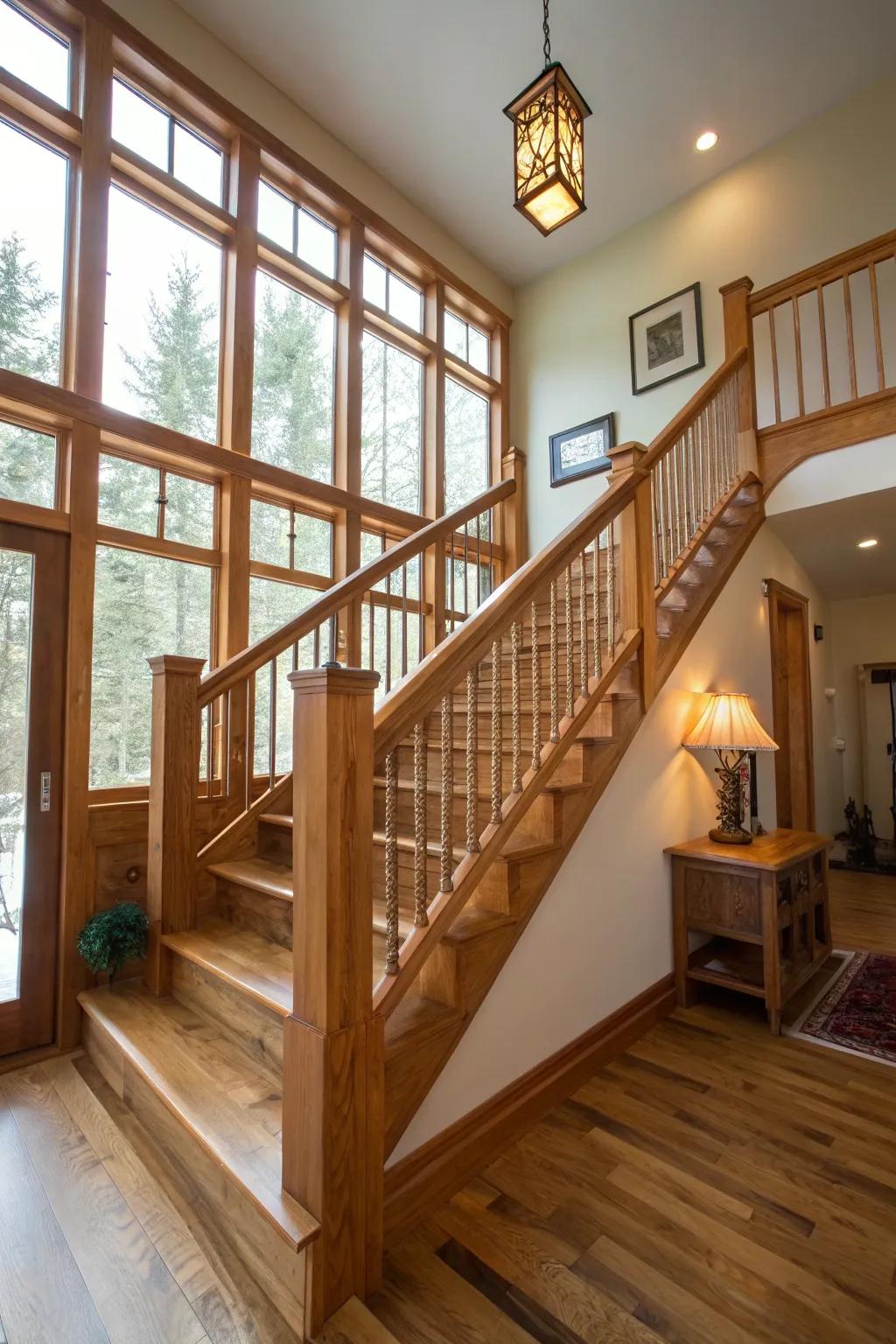 Heartwood railings infusing warmth into modern decor.