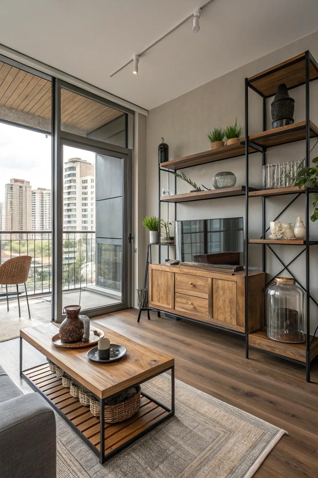 A studio featuring a mix of wood, metal, and glass for a contemporary look.