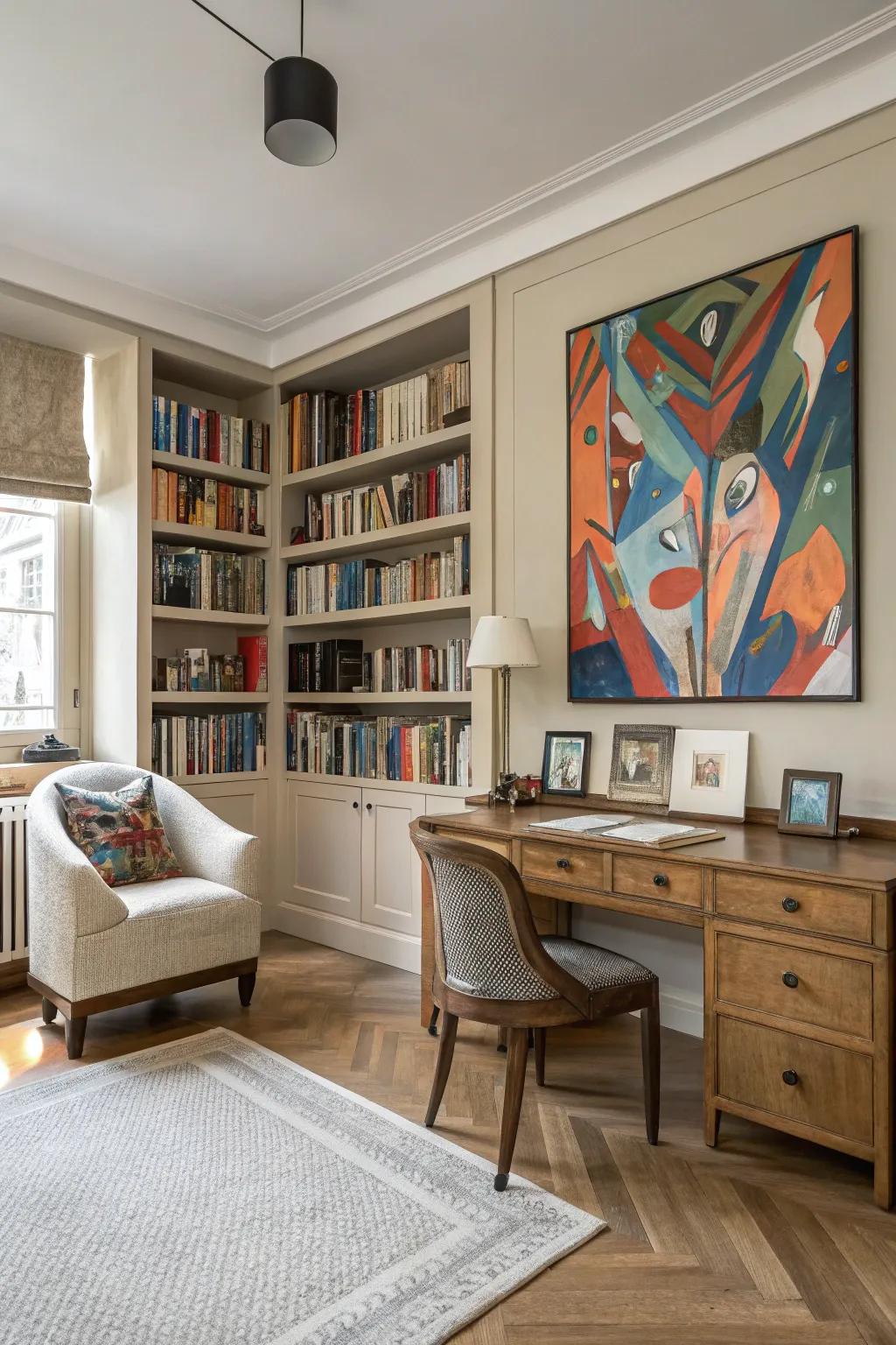 A personalized study featuring art designed to inspire creativity.