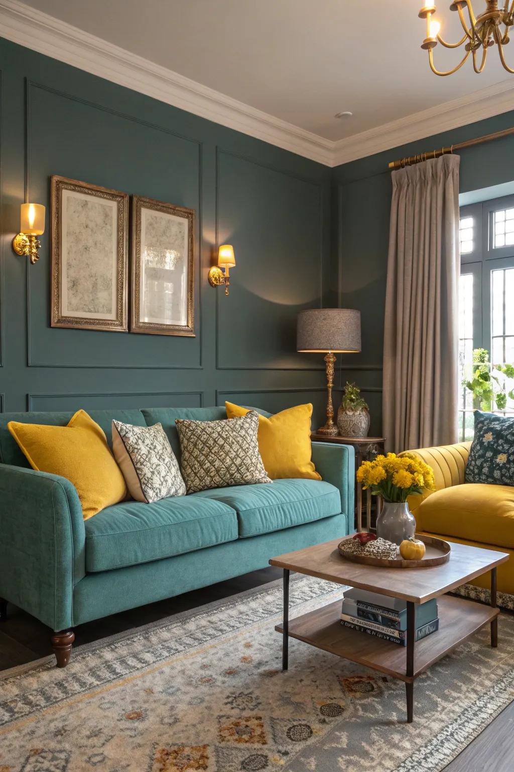 Splashes of mustard add vibrancy to a teal and grey living space.