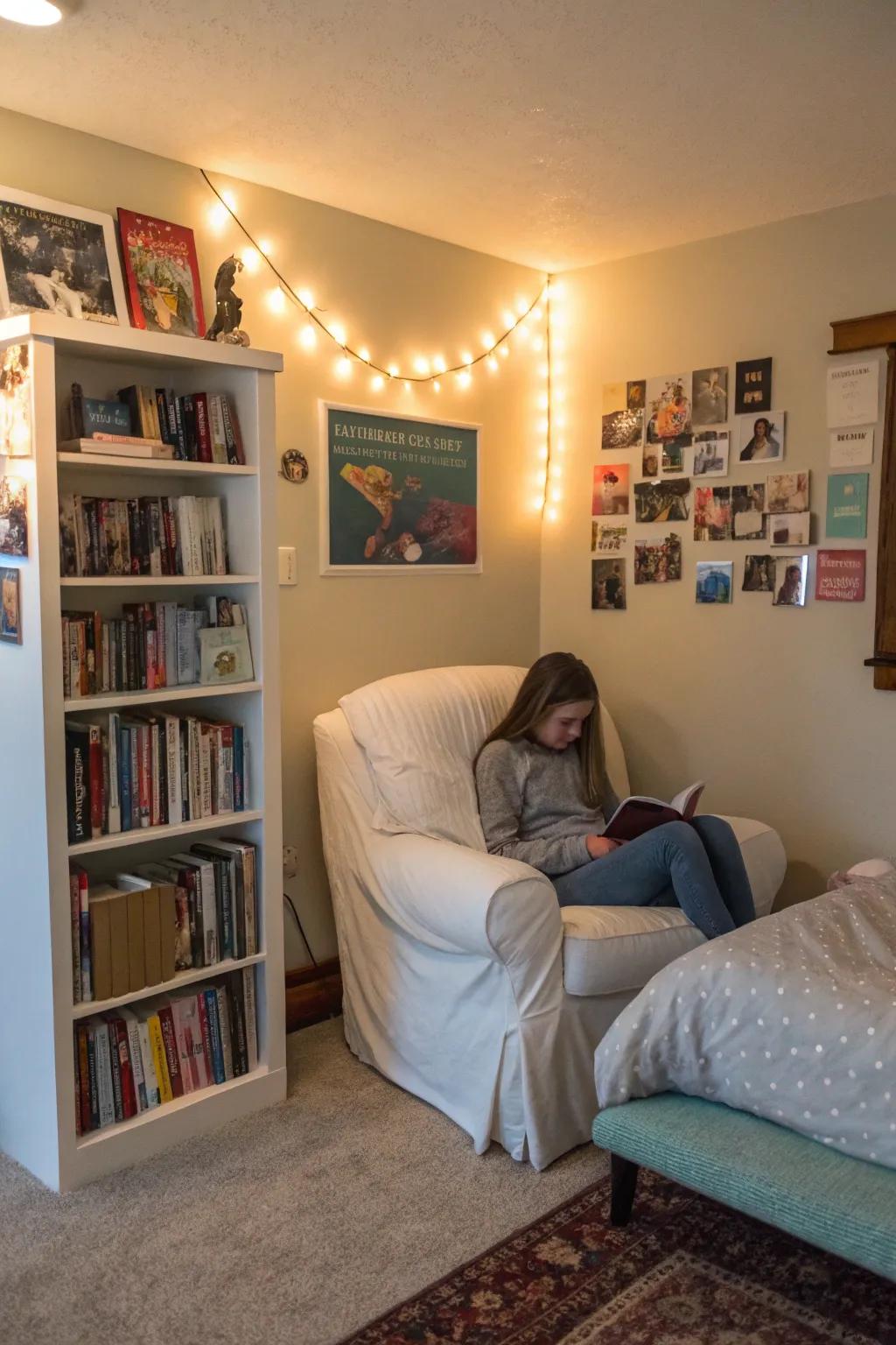 A reading corner provides a peaceful escape within the bedroom.