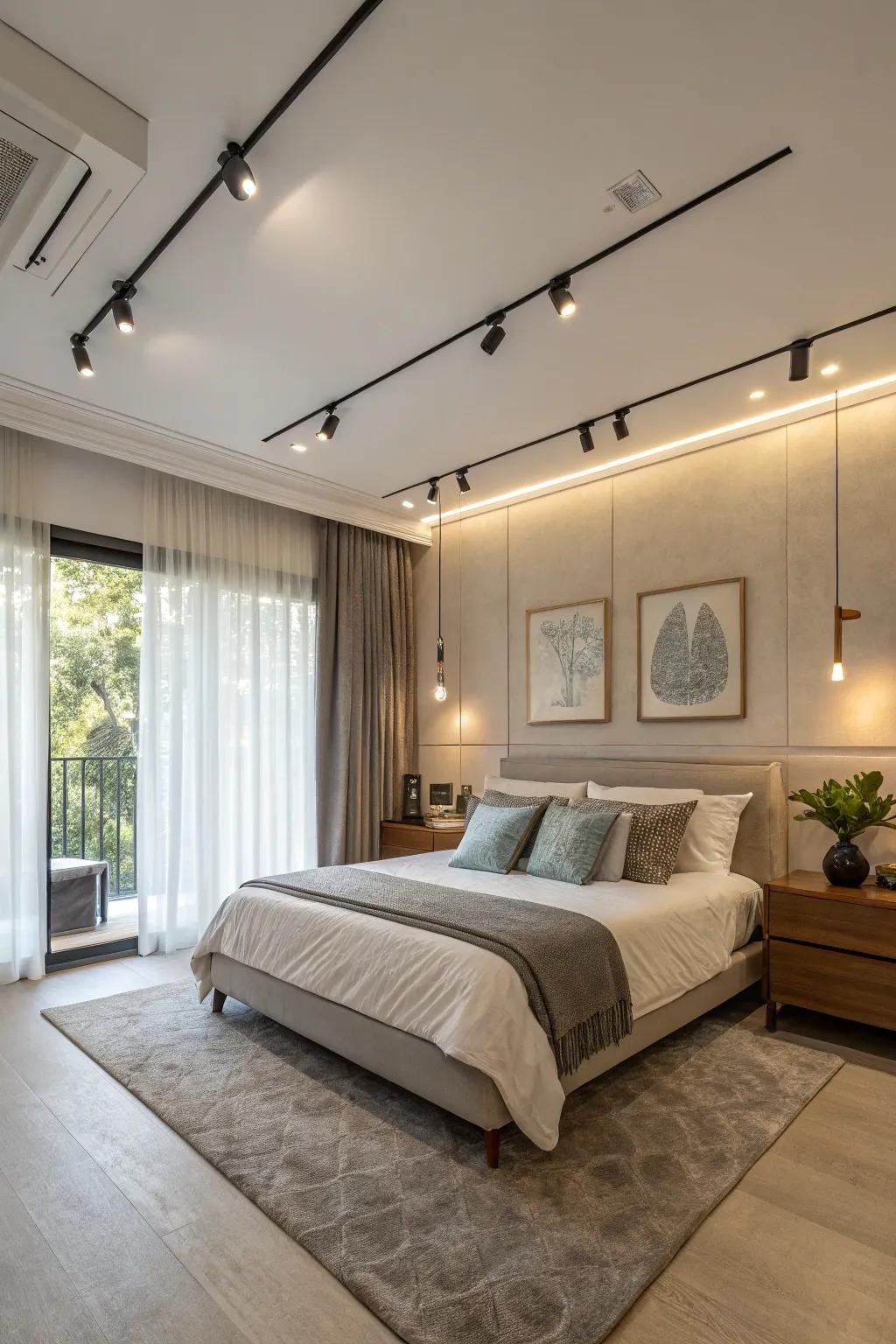 Bedroom with seamlessly integrated track lighting for a cohesive look.